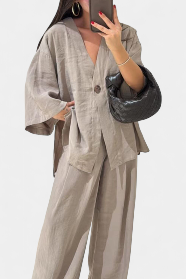 Eli Oversize Sada Top s Výstřihem do V a Rovné Kalhoty