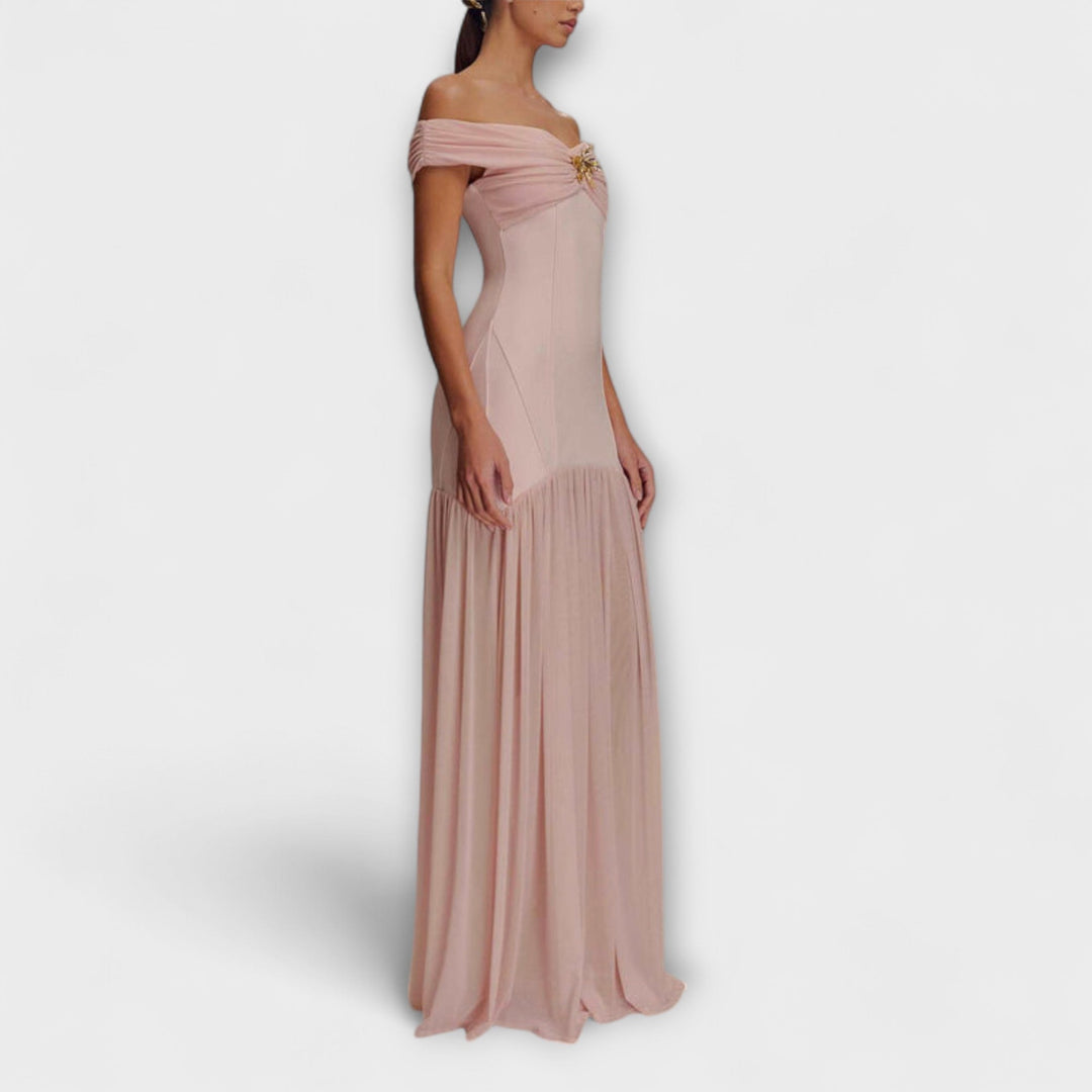 Maelie - Elegantní maxi bodycon šaty bez ramínek s květinovými ozdobami