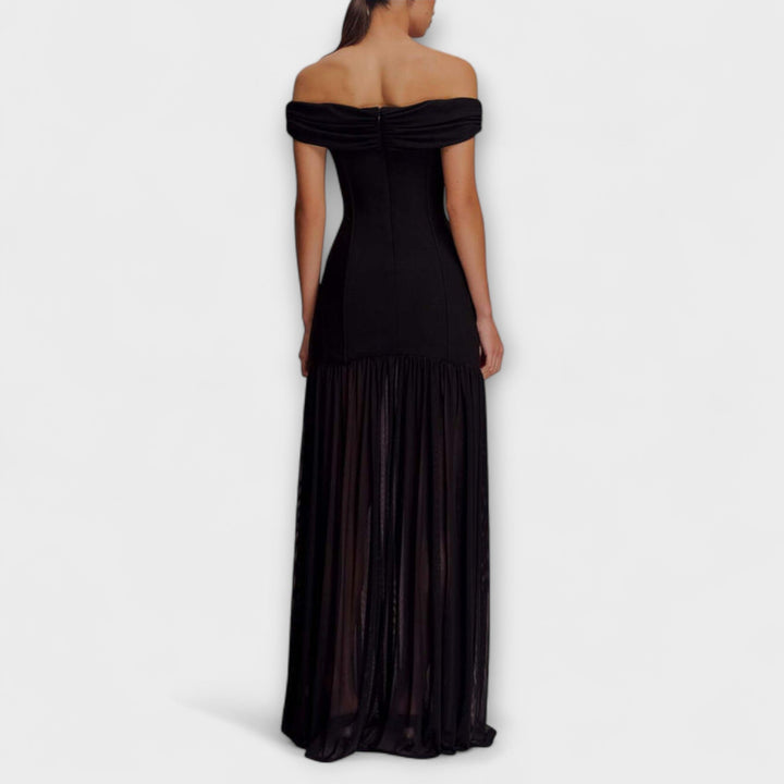 Maelie - Elegantní maxi bodycon šaty bez ramínek s květinovými ozdobami