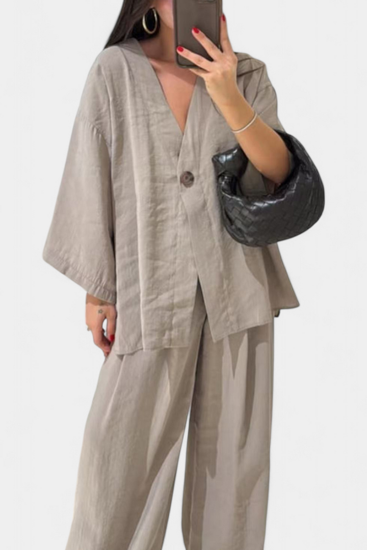Eli Oversize Sada Top s Výstřihem do V a Rovné Kalhoty