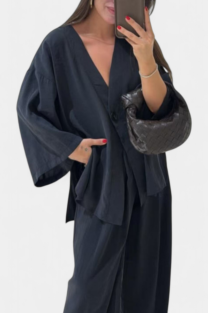 Eli Oversize Sada Top s Výstřihem do V a Rovné Kalhoty