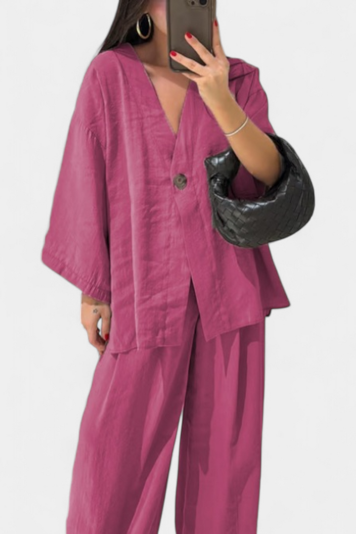 Eli Oversize Sada Top s Výstřihem do V a Rovné Kalhoty