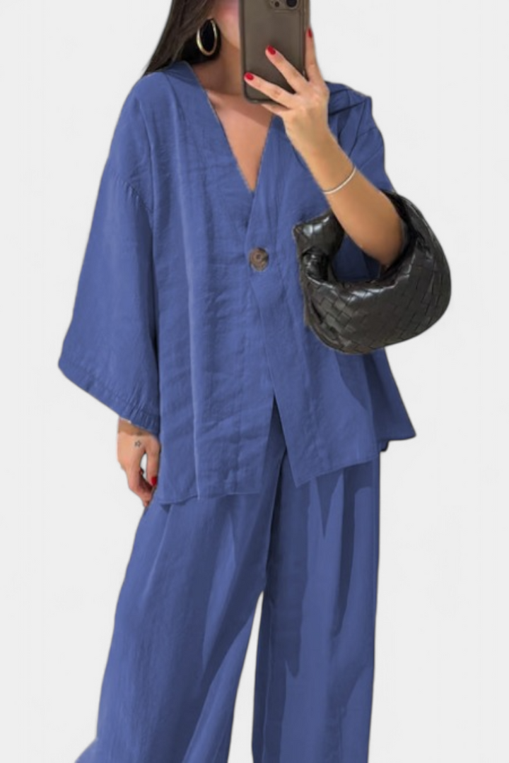 Eli Oversize Sada Top s Výstřihem do V a Rovné Kalhoty