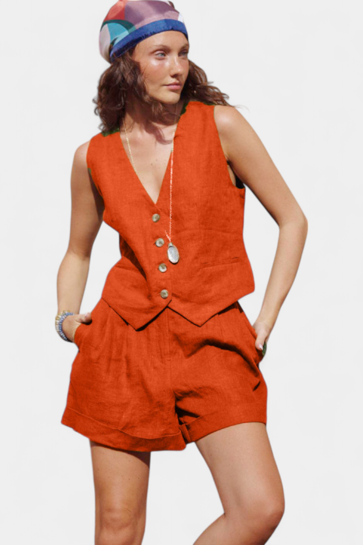 Jennifer Sada Vest a Krátké Kalhoty z Lněného Bavlněného Materiálu
