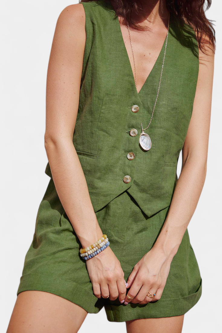 Jennifer Sada Vest a Krátké Kalhoty z Lněného Bavlněného Materiálu