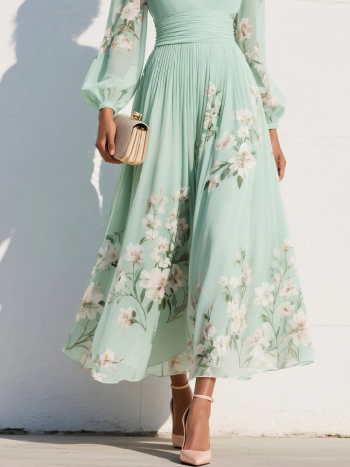 Anastasia™ | Midi šaty z chiffon s V výstřihem a světle zeleným květinovým potiskem
