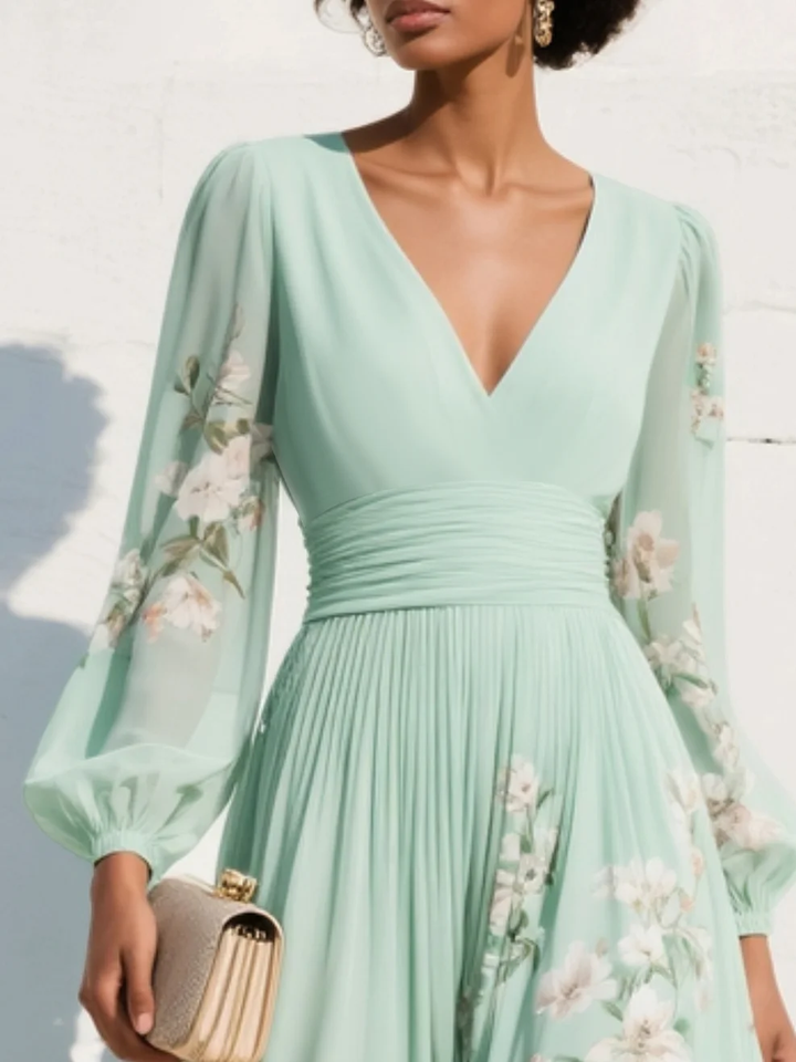 Anastasia™ | Midi šaty z chiffon s V výstřihem a světle zeleným květinovým potiskem