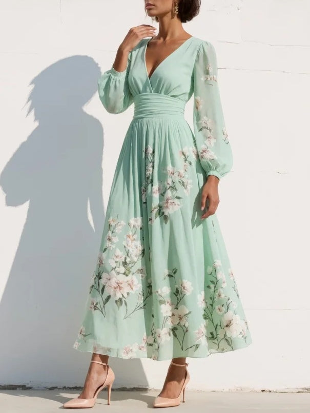 Anastasia™ | Midi šaty z chiffon s V výstřihem a světle zeleným květinovým potiskem