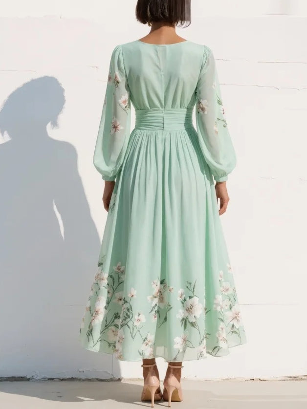 Anastasia™ | Midi šaty z chiffon s V výstřihem a světle zeleným květinovým potiskem