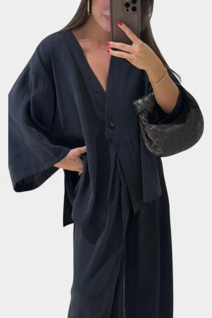 Eli Oversize Sada Top s Výstřihem do V a Rovné Kalhoty
