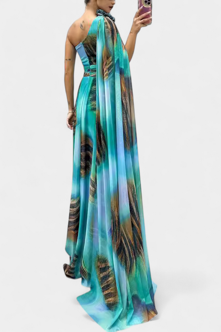 Cedara Dlouhá Šaty na Jedno Rameno s Květinovým Detalem