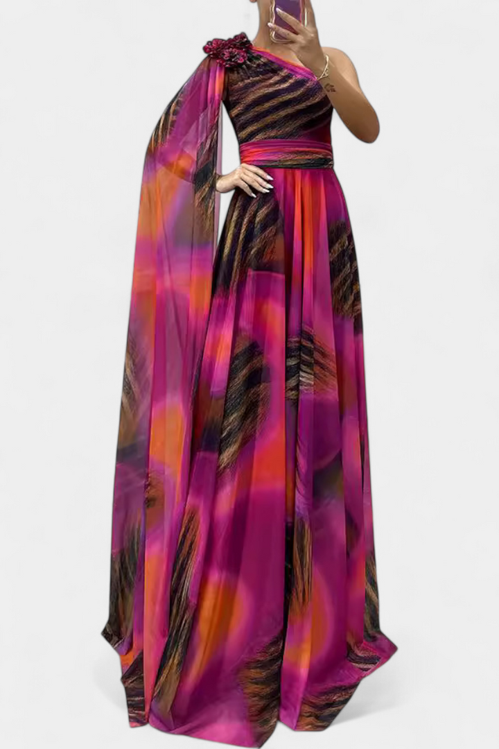 Cedara Dlouhá Šaty na Jedno Rameno s Květinovým Detalem